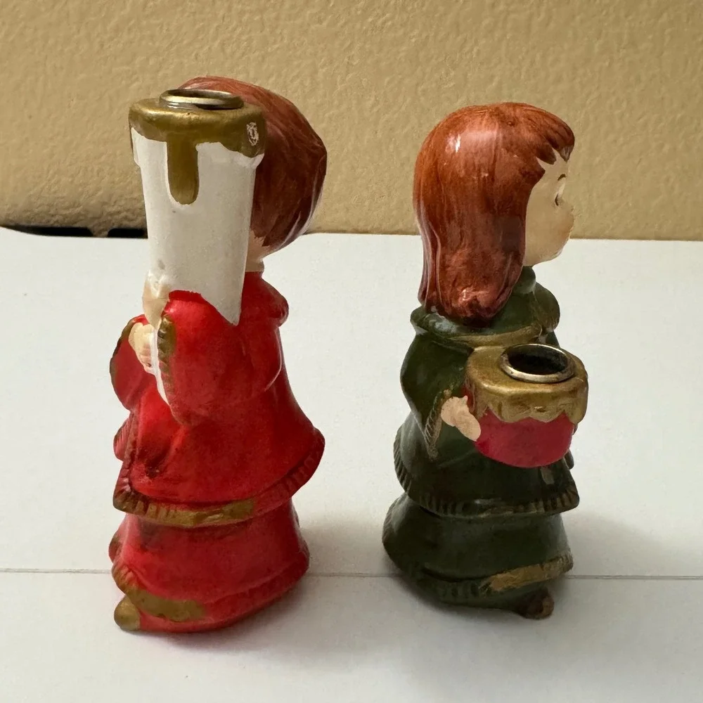Vintage Star Japan Christmas Choir Boy Girl Candle Holders  Hand Painted 1950's